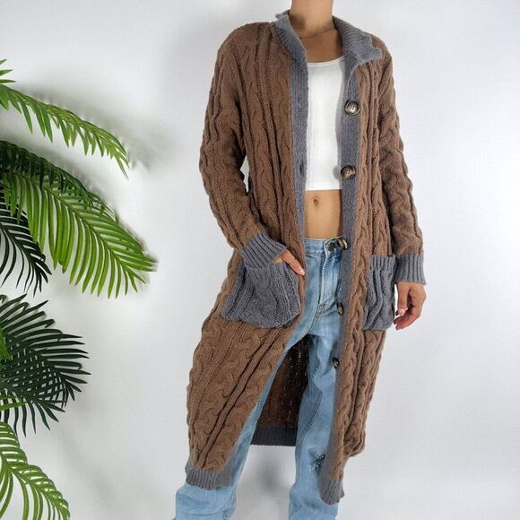 Lily by Firmiana Sweaters - Womens Long Brown Boho Cottagecore Granola Girl Cable Knit Sweater Cardigan / XL